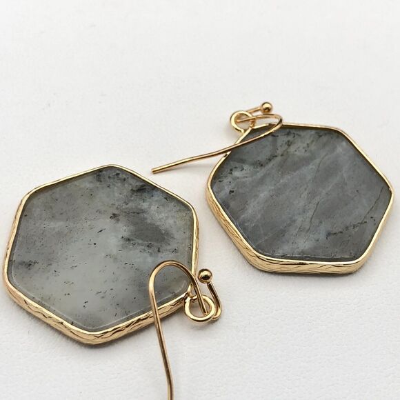 Gray Quartz Earrings Natural Hexagon Gemstone Gold Tone Bezel Drop Dangles - Picture 3 of 5